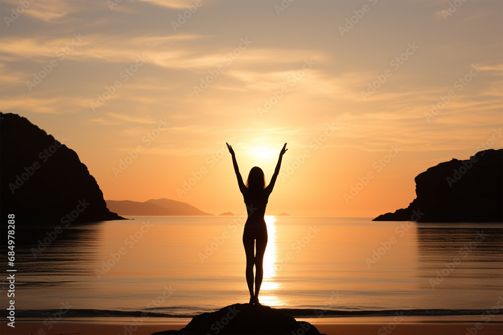 A figure practicing yoga on a quiet beach at sunrise