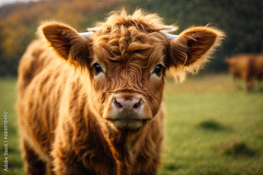 A charming and adorable baby highland cow, autumn color mood, a charming highland cow calf, close up of a calf A charming and adorable baby highland cow, autumn color mood, a charming highland cow calf, close up of a calf