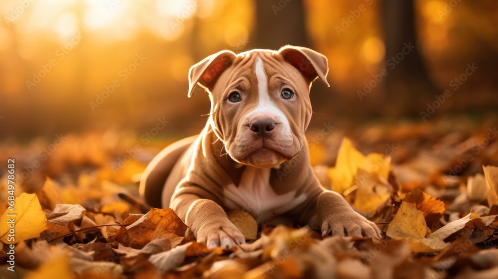 A Cute American Pitbull puppy playing in the backyard with yellow autumn leaves at sunset. The background of the photo is a relaxing environment in the backyard. A Cute American Pitbull puppy playing in the backyard with yellow autumn leaves at sunset. The background of the photo is a relaxing environment in the backyard.
