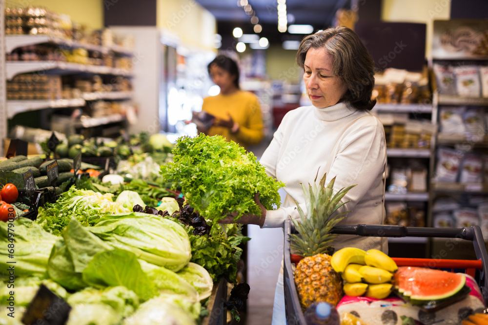 Focused interested aged woman shopping in organic food store, choosing fresh green lettuce in vegetable section