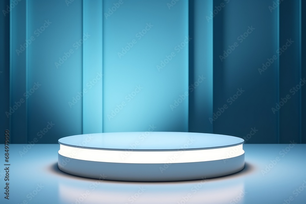 Podium of a round shape against a light blue wall Podium of a round shape against a light blue wall