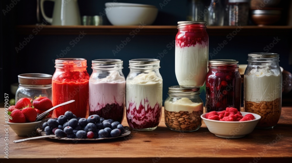 yogurt to various jars and dishes, try a variety of toppings and always include large container in shot, food, dessert, sweet, fresh, dairy, delicious, breakfast, fruit, organic yogurt to various jars and dishes, try a variety of toppings and always include large container in shot, food, dessert, sweet, fresh, dairy, delicious, breakfast, fruit, organic