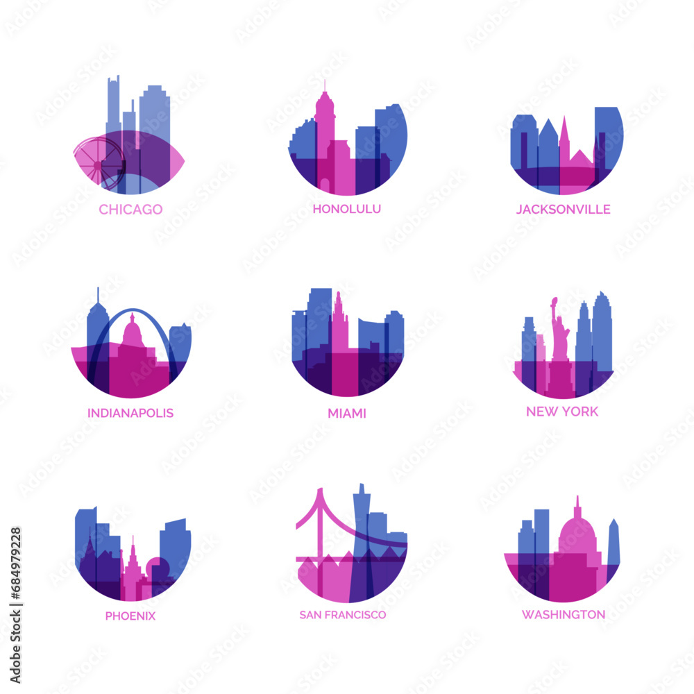 Naklejka premium USA cities logo and icon set. Vector graphic collection for US Chicago, Honolulu, Jacksonville, Indianapolis, Miami, New York, Phoenix, San Francisco, Washington
