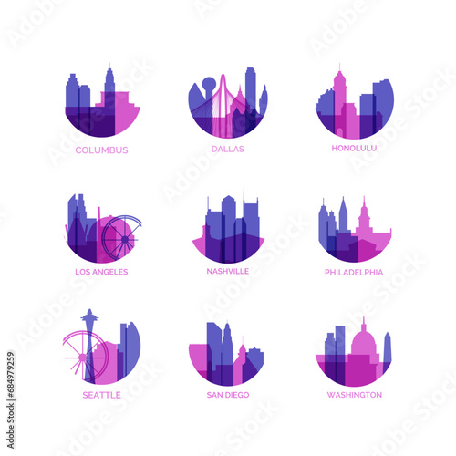 USA cities logo and icon set. Vector graphic collection for US Columbus, Dallas, Honolulu, Los Angeles, Nashville, Philadelphia, Seattle, San Diego, Washington
