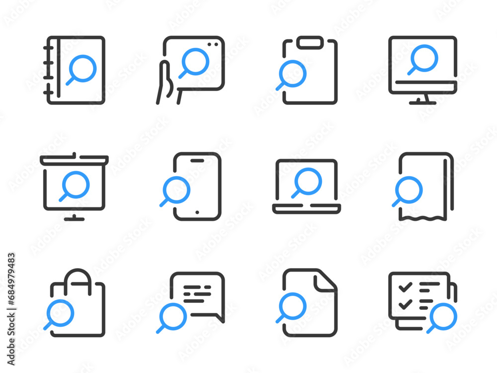 Search and Exploration vector line icons. Research, Review and Inspection outline icon set. Search and Exploration vector line icons. Research, Review and Inspection outline icon set.