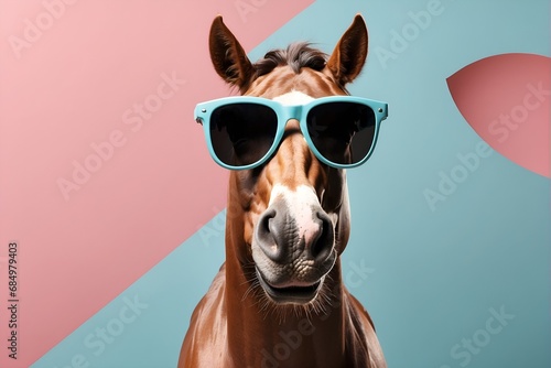 Funny horse in sunglasses, solid blue pink pastel background, commercial, editorial advertisement. Very funny portrait  © ArtistiKa