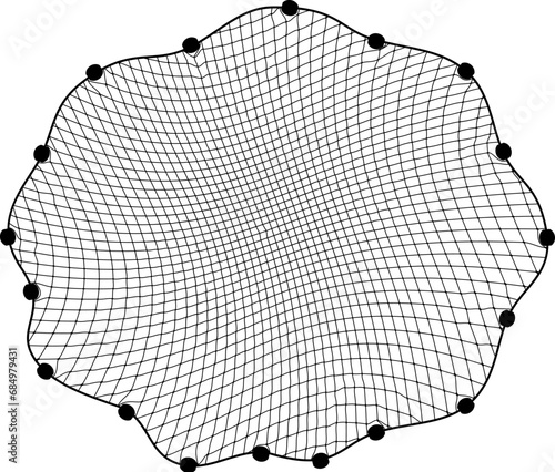 Fish net, isolated fishnet is a web-like tool for catching. Isolated 3d vector mesh of rounded shape with sinkers, woven from durable materials, it assists fishermen in hauling in their aquatic catch photo
