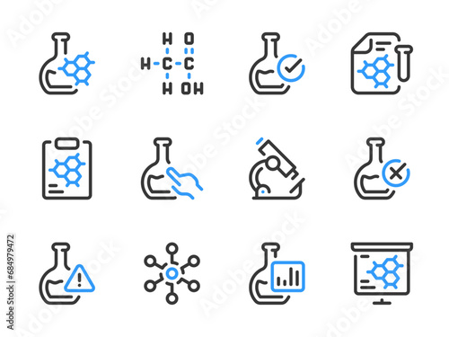 Chemistry and Science vector line icons. Laboratory equipment and Chemical research outline icon set.