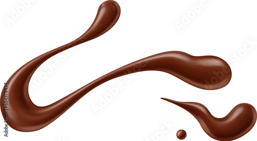 Realistic chocolate sauce or syrup splash, wave stain or swirl smear, isolated vector. Choco syrup or cocoa drink line blot or spill wave with drops and pour for chocolate candy or fudge dessert photo