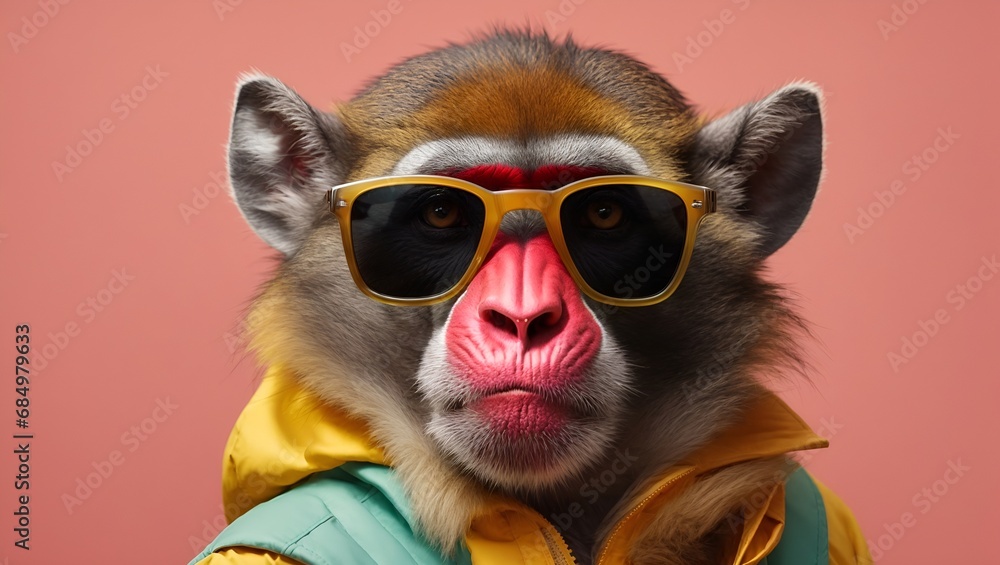 Creative animal concept, Mandrill in sunglasses, solid pink pastel background, commercial, editorial advertisement. Very funny portrait	
