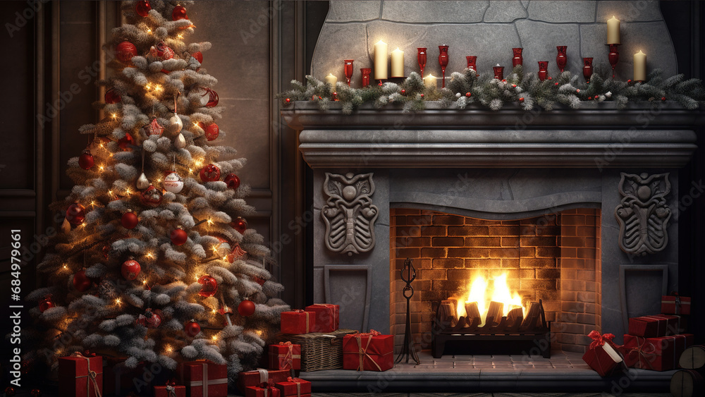 Christmas eve with Christmas tree, gift boxes and fireplace in the background. Generative ai