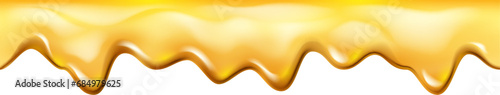 Dripping sugary caramel or topping, isolated melting honey with drops. Vector flowing mead or juice, sticky oil essence with droplets, maple syrup liquid splatters