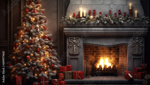 Christmas eve with Christmas tree, gift boxes and fireplace in the background. Generative ai