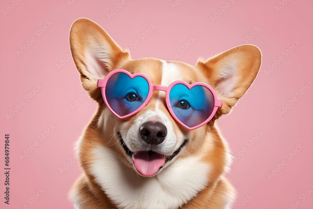 Corgi dog in heart shape pink sunglasses, funny animal portrait, blue heart, pink background	
