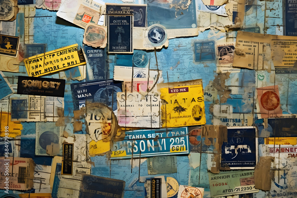 vintage travel background made of lots of old tickets, boarding passes, hotel reception cards and other documents. generative ai.