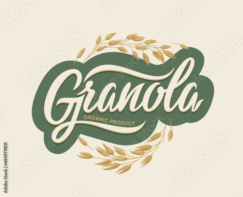 Granola label, cereal food and oatmeal breakfast vector symbol with oat grains, seeds and spikelets. Organic healthy food, muesli bar, dry snack or bread, vegan nutrition homemade meal retro label