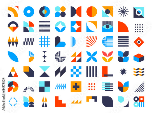 Bauhaus geometric elements, abstract shapes and modern forms vector set. Circle, square and triangle figures of basic geometry, color lines, crosses, stars, eyes, arches and zigzag bauhaus elements