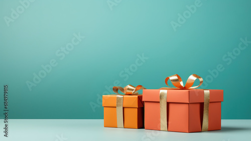 Two gift boxes on blue background, strong contrast, vibrant colors. Generative ai