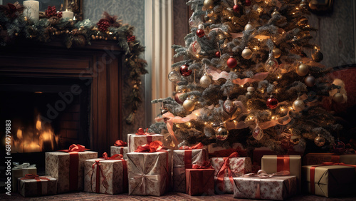 Christmas eve with Christmas tree, gift boxes and fireplace. Generative ai