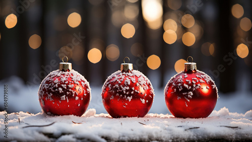 Three red Christmas balls in the snow, bokeh forest background, generative ai