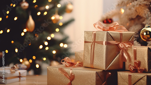 Gift boxes in golden wrapping with Christmas tree in the background, generative ai