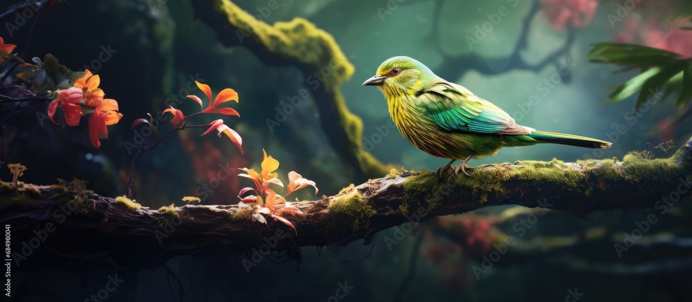 Fototapeta premium In a lush forest, amidst the vibrant green leaves of a majestic tree, a cute bird with colorful wings and a beak explored the beauty of nature, providing an enchanting portrait that captured the eye