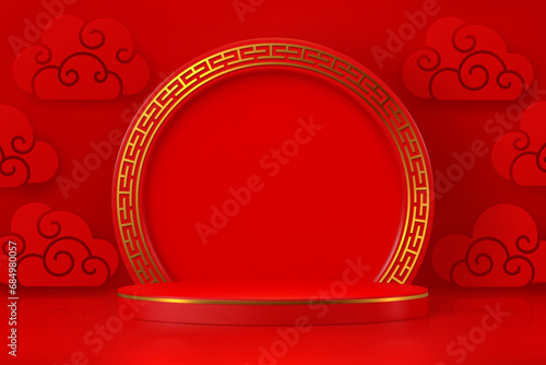 Chinese lunar new year podium, stage or pedestal. Realistic 3d vector red and gold pedestal with decorative clouds. Happy Chinese new year round podium, minimal circular scene, luxury promo background