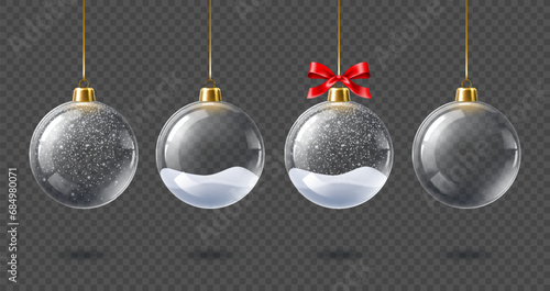 Christmas glass bauble balls, realistic isolated 3D vector on transparent background. Realistic glass balls for Christmas and New Year winter holiday, crystal baubles decoration with snow snowflakes