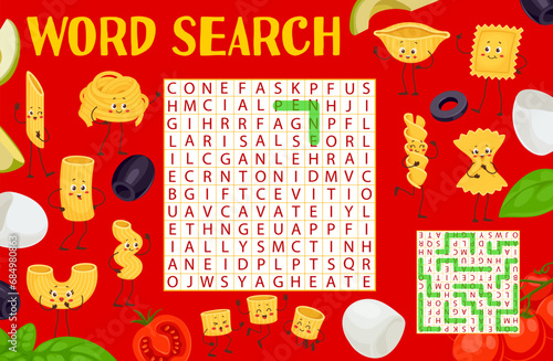 Word search puzzle game. Funny italian pasta characters word maze quiz vector worksheet with cartoon penne, fusilli, farfalle and conchiglie, ravioli and spaghetti personages, basil, olive and tomato