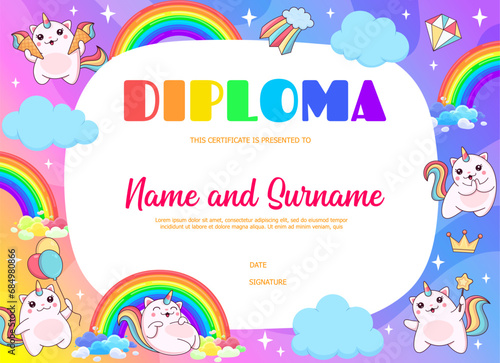Kids diploma. Magic cute caticorn cat and kitten characters on sky clouds. Vector graduation diploma or certificate of kids education with cartoon funny unicorn cats, rainbows, ice cream and balloons