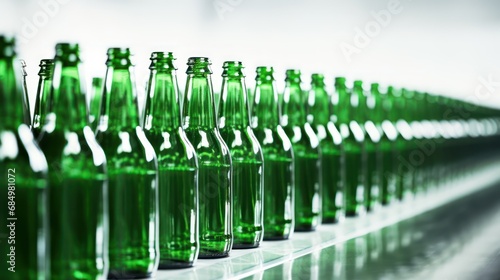 A Brown and green beer bottles on a white blurred background of a production line with copy space on a white background.