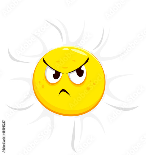 Cartoon chamomile, daisy flower character with grumpy face emotion, drooping petals, and furrowed brows. Isolated vector camomile exudes discontent expression, exuding a sad and angry demeanor