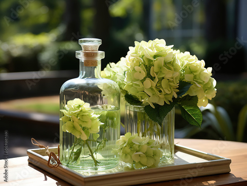 Bottle of Absinthe with Lime Slices and Flowers on a Windowsill photo