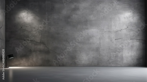 Studio room with a concrete spotlight wall against a dark gray cement stone background photo