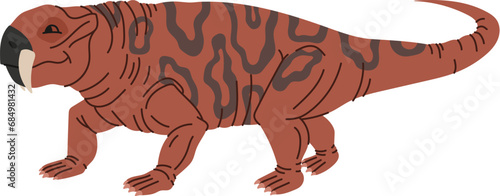 Extinct dinosaur with limbs, tusks and lizard tail. Vector isolated icon of prehistory predator animal. Dino personage for game design