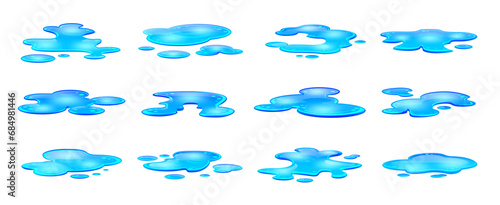 Rain water puddles  ephemeral  mirror-like pools on the ground  formed from rain or spilled liquids. Isolated cartoon vector set of wet blue blobs reflect surroundings and offer splashy fun moments
