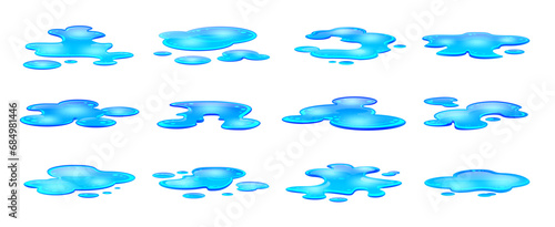 Rain water puddles, ephemeral, mirror-like pools on the ground, formed from rain or spilled liquids. Isolated cartoon vector set of wet blue blobs reflect surroundings and offer splashy fun moments