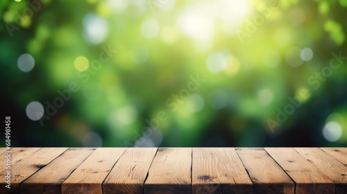 An empty wooden table with a green background featuring bokeh.