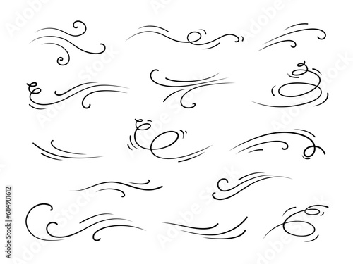 Doodle wind air motion depicts invisible dance of blowing wind, gentle motion of air with flowing lines and swirl. Isolated vector set of hand drawn sketchy curves, capturing ethereal grace of nature