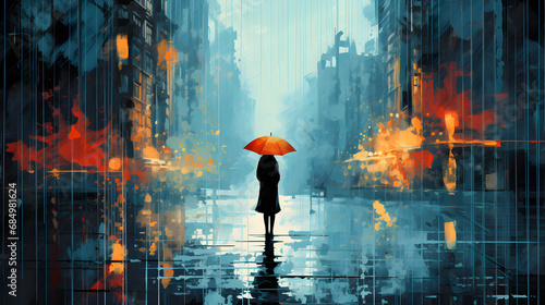 Abstract silhouette of girl walking on rain under umbrella, street scene, back view. Seasons, weather, city lifestyle. generative ai.