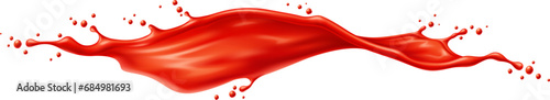 Long red wave of tomato juice or ketchup sauce splash. Realistic 3d vector vibrant splashing with droplets suspended in mid-air, showcasing the freshness and intensity of this luscious liquid burst
