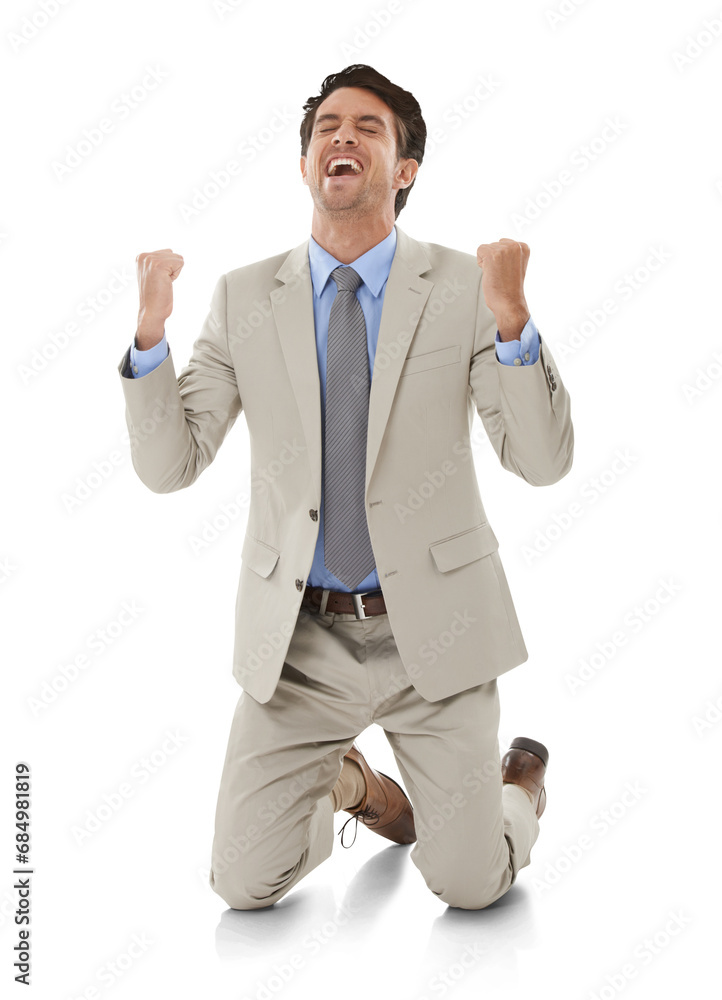 Businessman, success and winner in celebration for corporate, career growth and achievement at work. Happy, person and professional on knees and cheering and isolated on transparent png background Businessman, success and winner in celebration for corporate, career growth and achievement at work. Happy, person and professional on knees and cheering and isolated on transparent png background