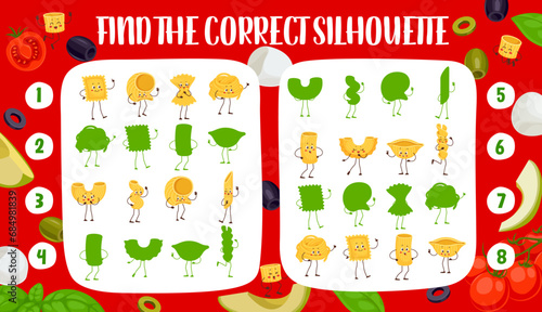 Find silhouette of funny italian pasta characters kids game quiz. Vector worksheet of cute noodles and macaroni food personages puzzle, matching kawaii farfalle, ravioli, penne and fusilli pasta