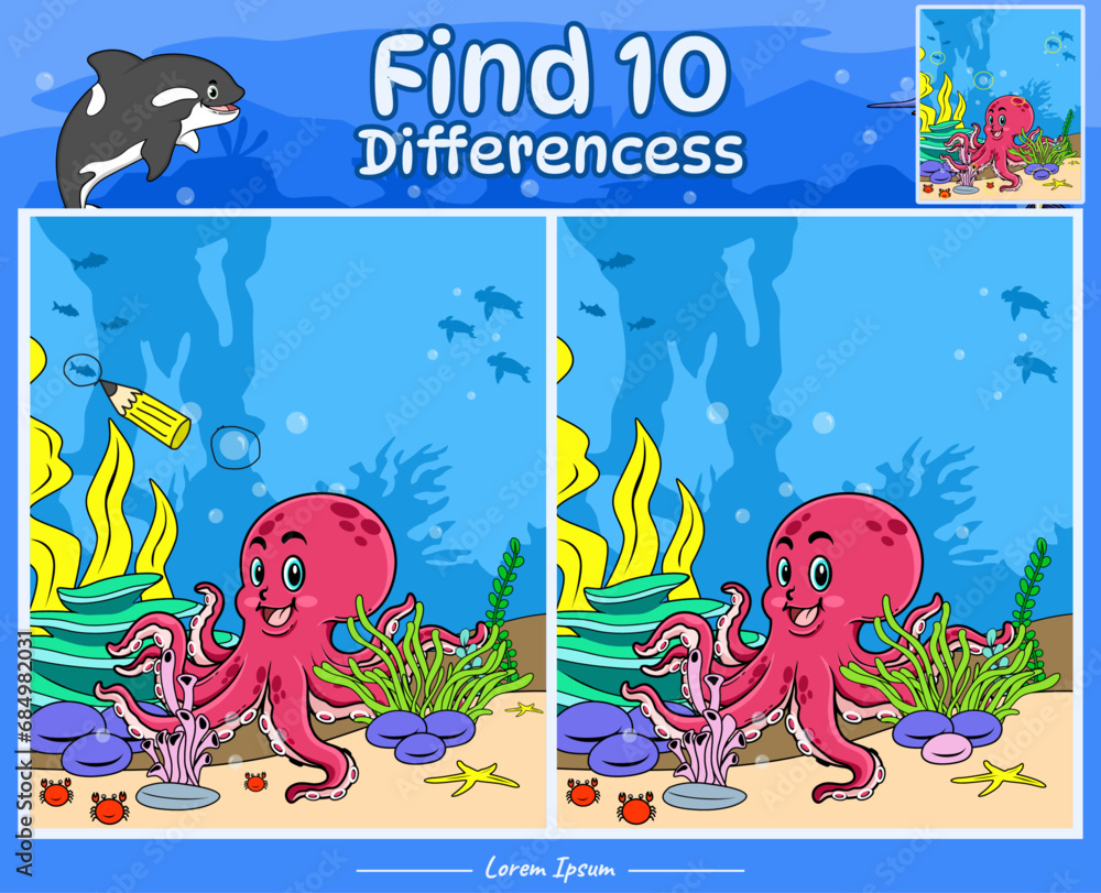 Find Differences game for kids with octopus cartoon ocean Stock Vector ...