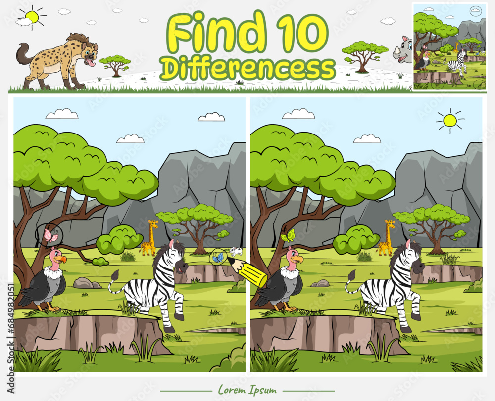 Find Differences game for kids with Zebra cartoon Savanna