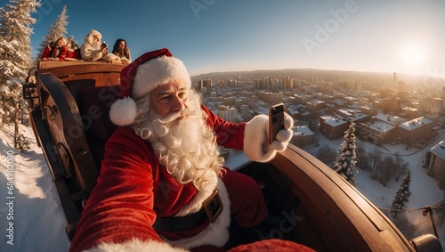 Santa Claus taking a selfie, fisheye effect, surprised, ultra detailed, Eifell tower background, Paris, France	
 photo