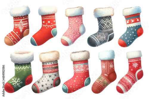 クリスマスソックスの水彩イラストの素材セット