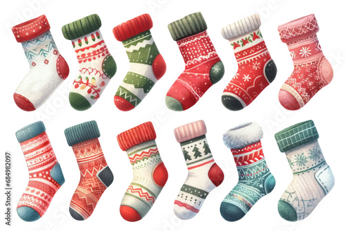 クリスマスソックスの水彩イラストの素材セット