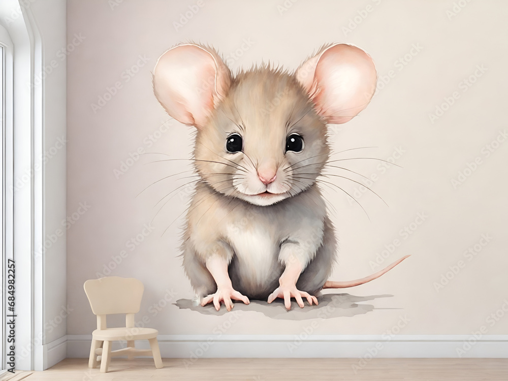 cute baby mouse, white wall, watercolor, dustier soft pastel palette, nursery wall mural, graffitti 