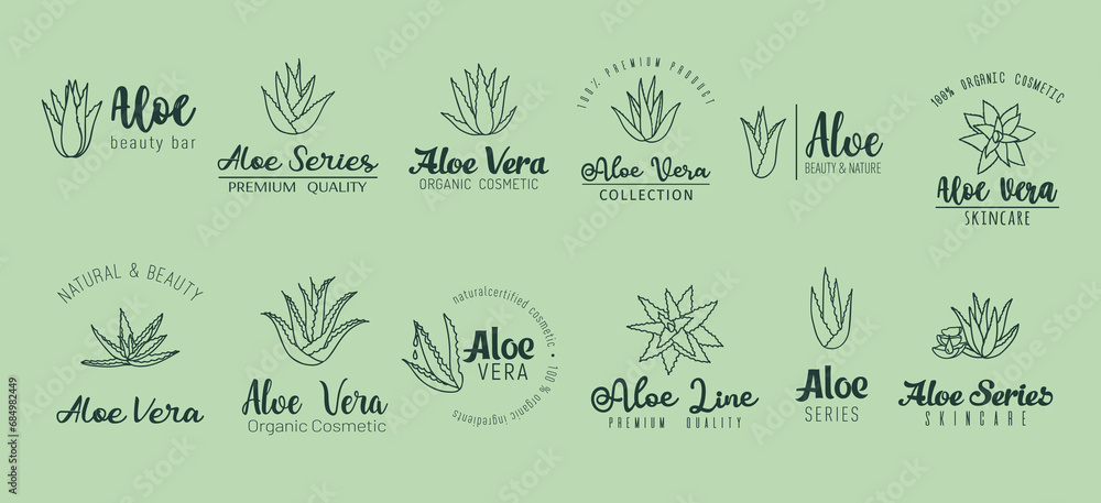 Aloe vera minimal labels, skin care extract and cosmetics. Vector set of sleek, minimalist emblems with lettering, embodying purity and natural beauty. The essence of Aloe, for radiant, healthy skin - obrazy, fototapety, plakaty 
